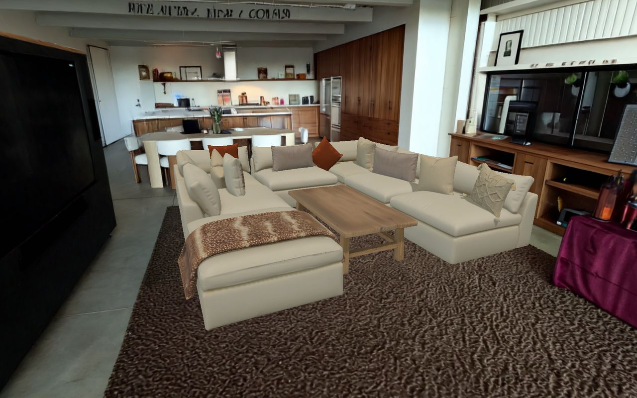 Jesse's living room as a 3D world: a cream sectional with pillows around a wood coffee table on a brown shag rug, with a walnut kitchen behind it